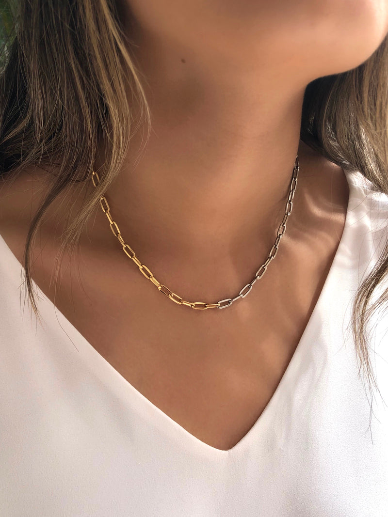 Colar Corrente Duo Elos Fina Ródio Branco E Ouro 42cm