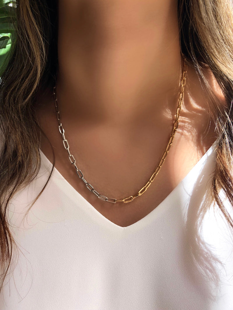 Colar Corrente Duo Elos Fina Ródio Branco E Ouro 50cm