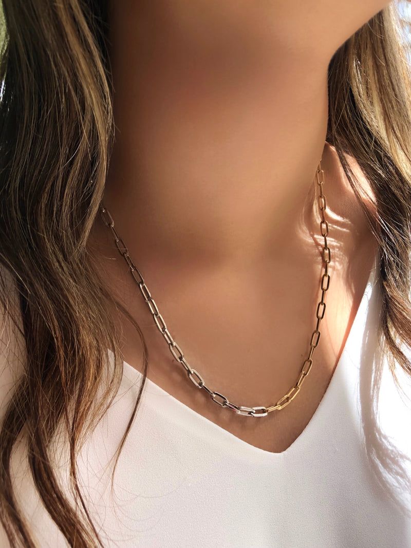 Colar Corrente Duo Elos Fina Ródio Branco E Ouro 50cm