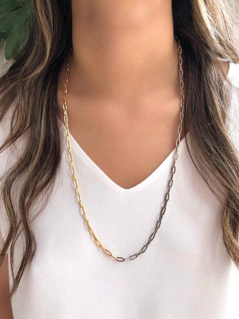 Colar Corrente Duo Elos Fina Ródio Branco E Ouro 70cm