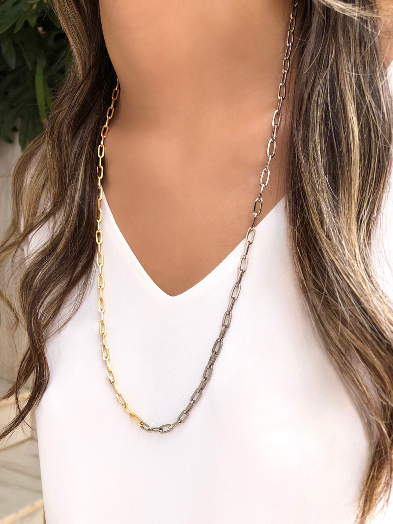 Colar Corrente Duo Elos Fina Ródio Branco E Ouro 70cm