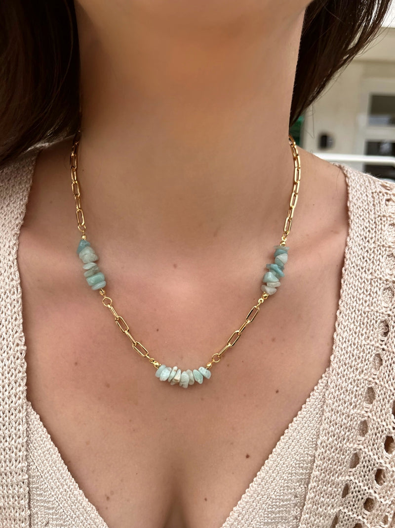 Colar Corrente Elos Fina Com Cascalho Amazonita 45cm