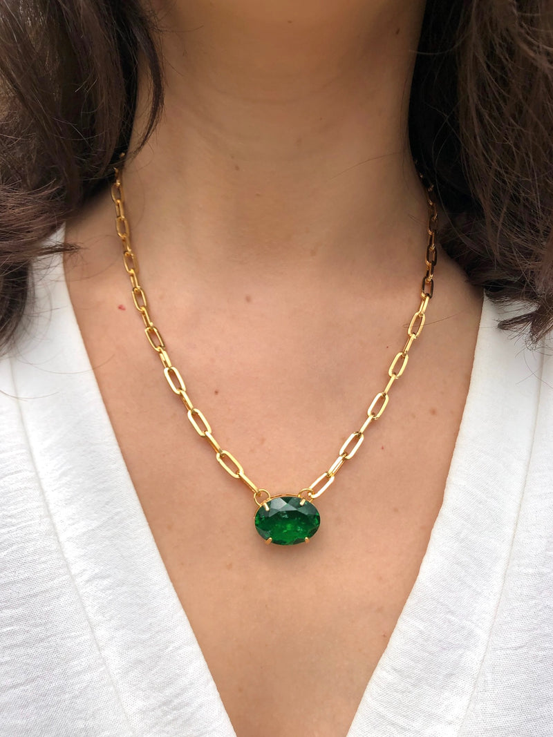 Colar Corrente Elos Fina Oval Cristal Craquelado Lapidado Cor Esmeralda 42cm