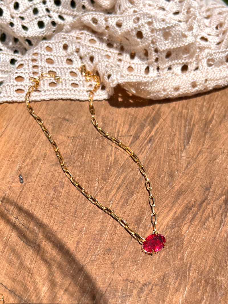 Colar Corrente Elos Fina Oval Cristal Craquelado Lapidado Cor Vermelho Cherry  42cm