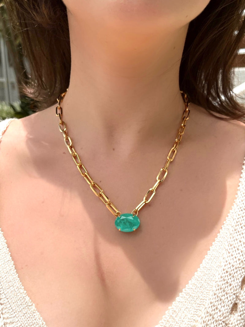 Colar Corrente Elos Média Oval Cristal Lapidado Fusion Cor Turmalina Paraíba 42cm