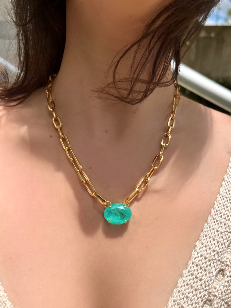 Colar Corrente Elos Média Oval Cristal Lapidado Fusion Cor Turmalina Paraíba 42cm