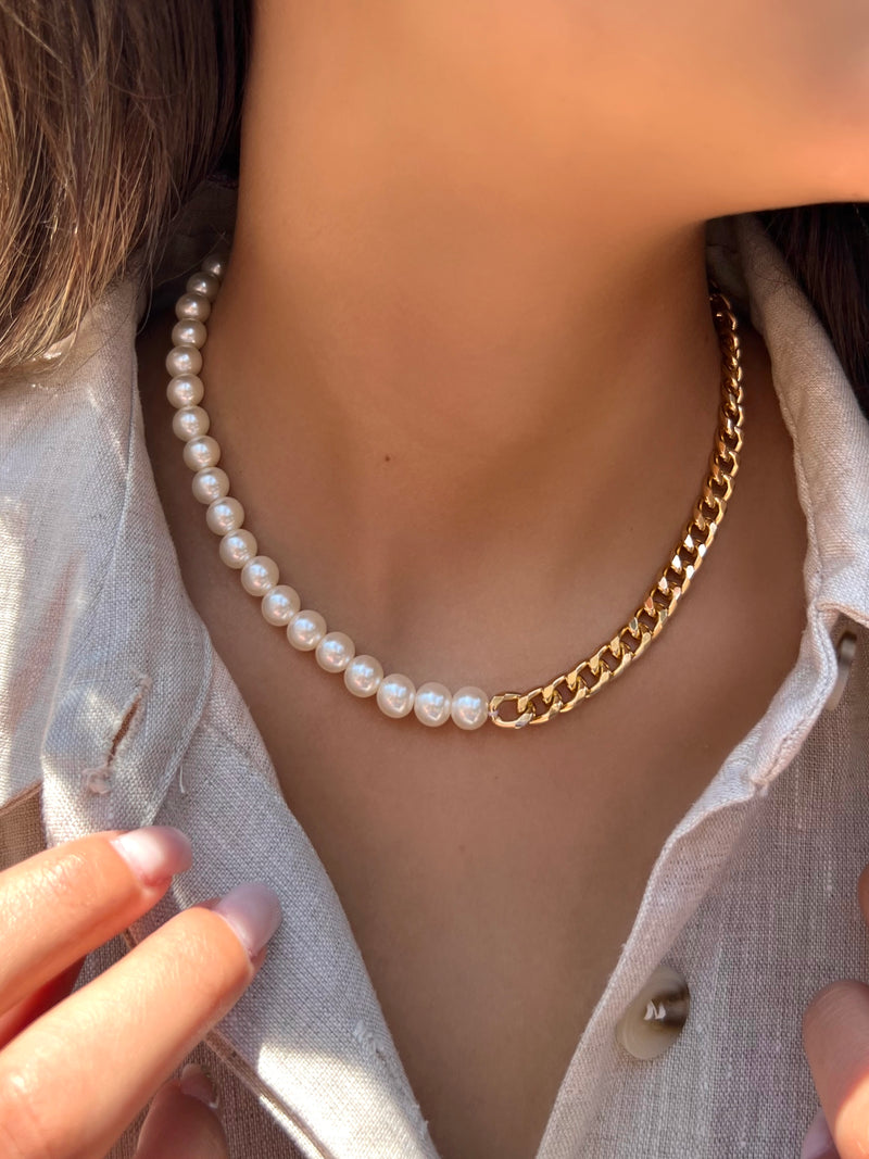 Colar Corrente Leve Grume E Pérolas Acrilicas 40cm
