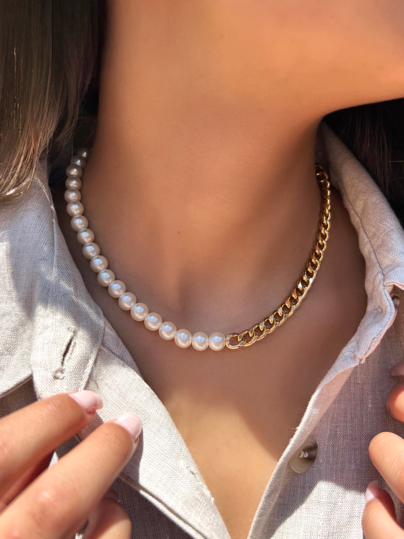 Colar Corrente Leve Grume E Pérolas Acrilicas 40cm