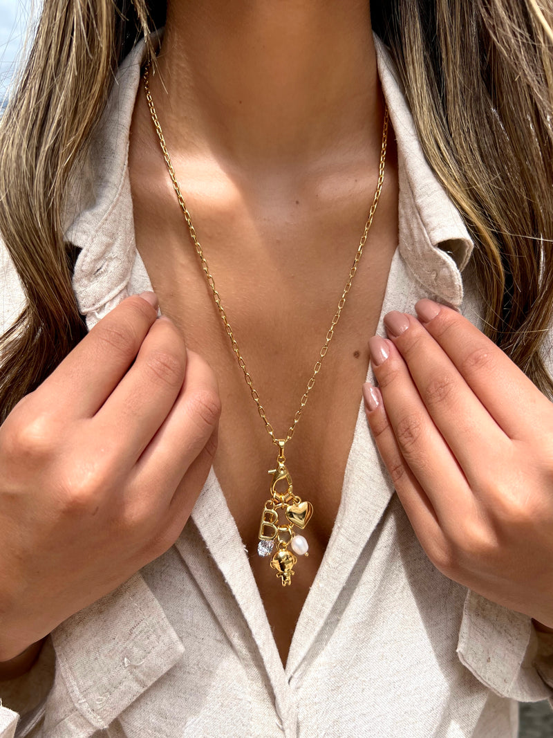 Colar 1 FILHO + 1 Letra + 1 Coração Corrente Mini Elos Longo 60cm