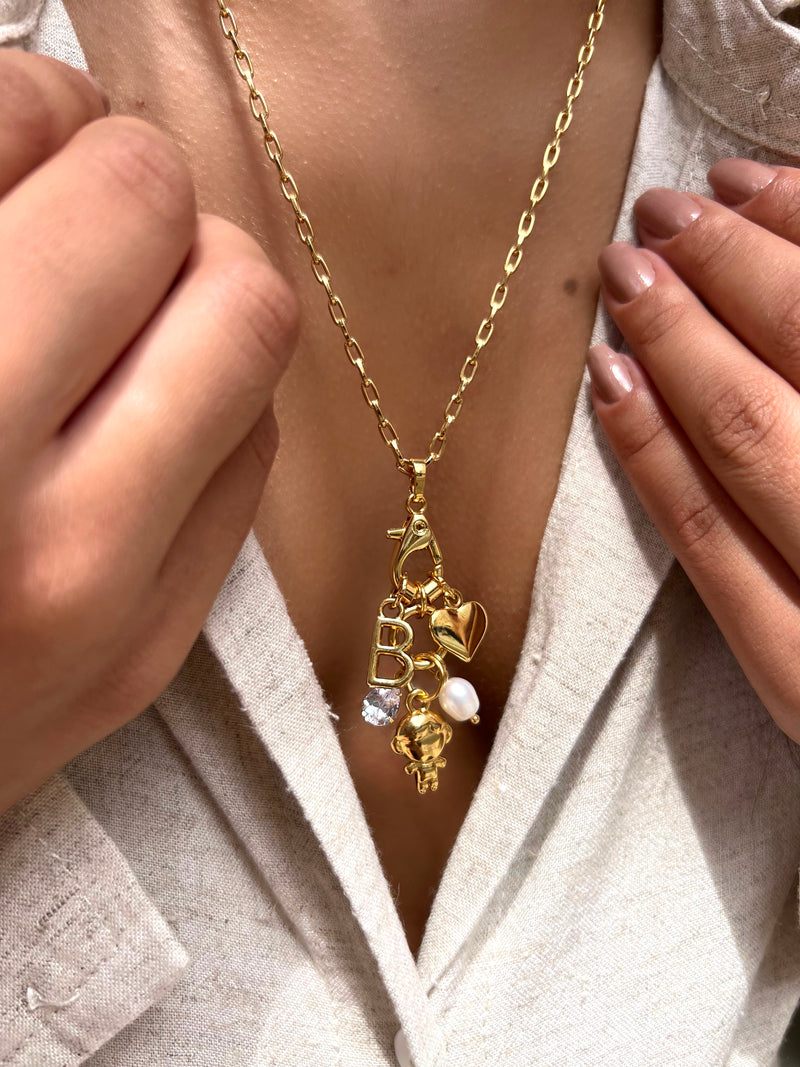 Colar 1 FILHO + 1 Letra + 1 Coração Corrente Mini Elos Longo 60cm