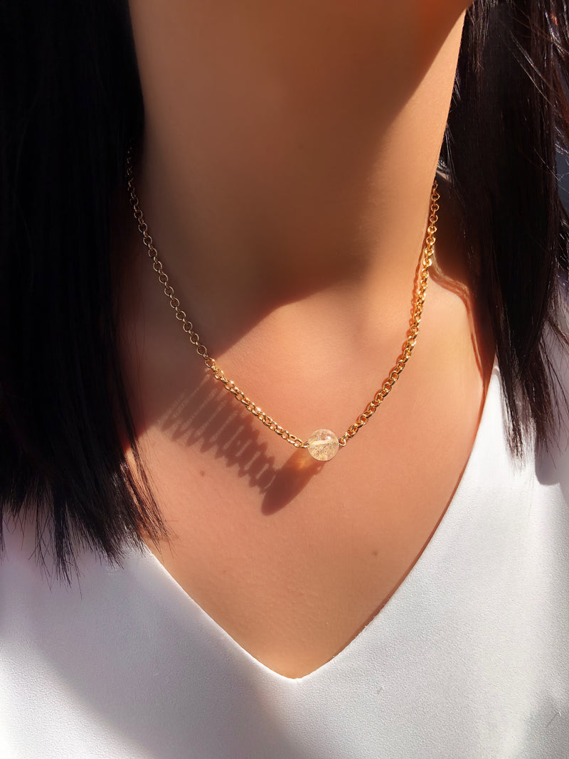 Colar Corrente Mini Portuguesa E Pedra Quartzo Rutilado 42cm