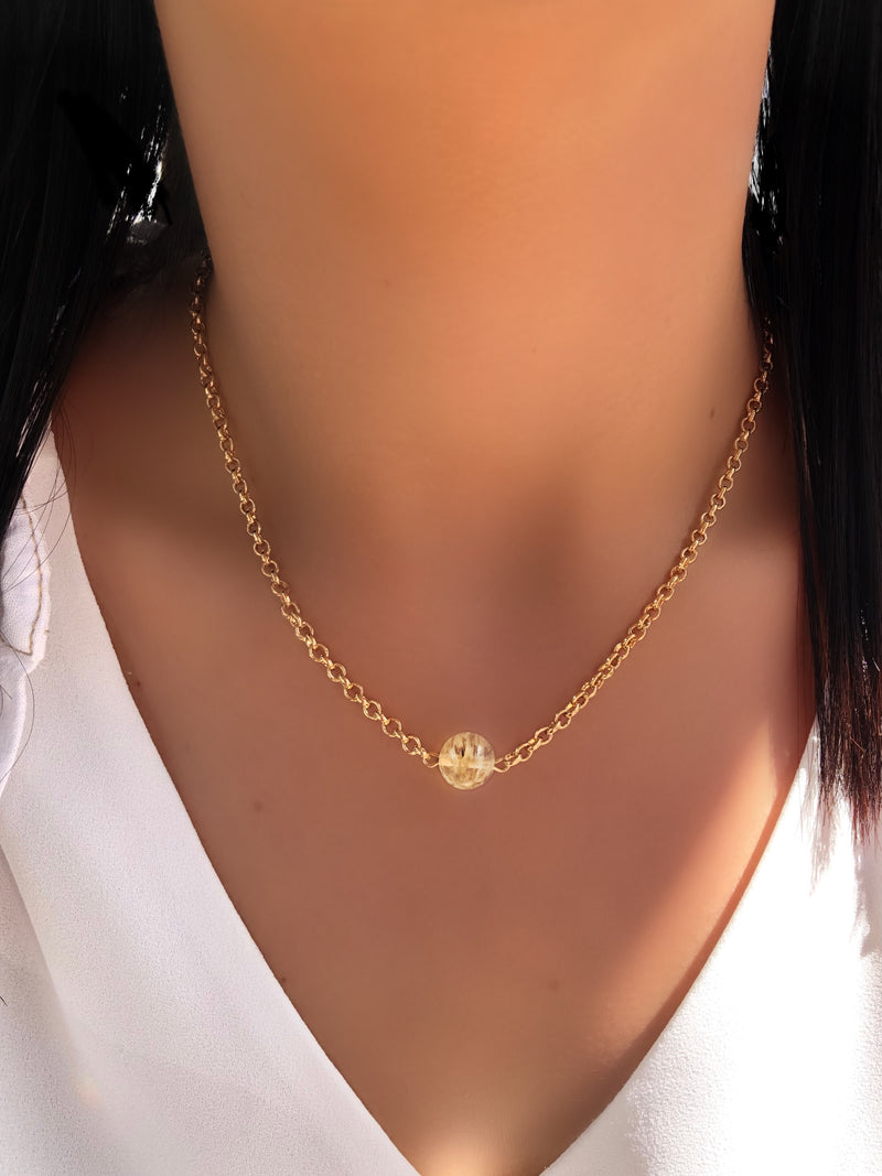 Colar Corrente Mini Portuguesa E Pedra Quartzo Rutilado 42cm