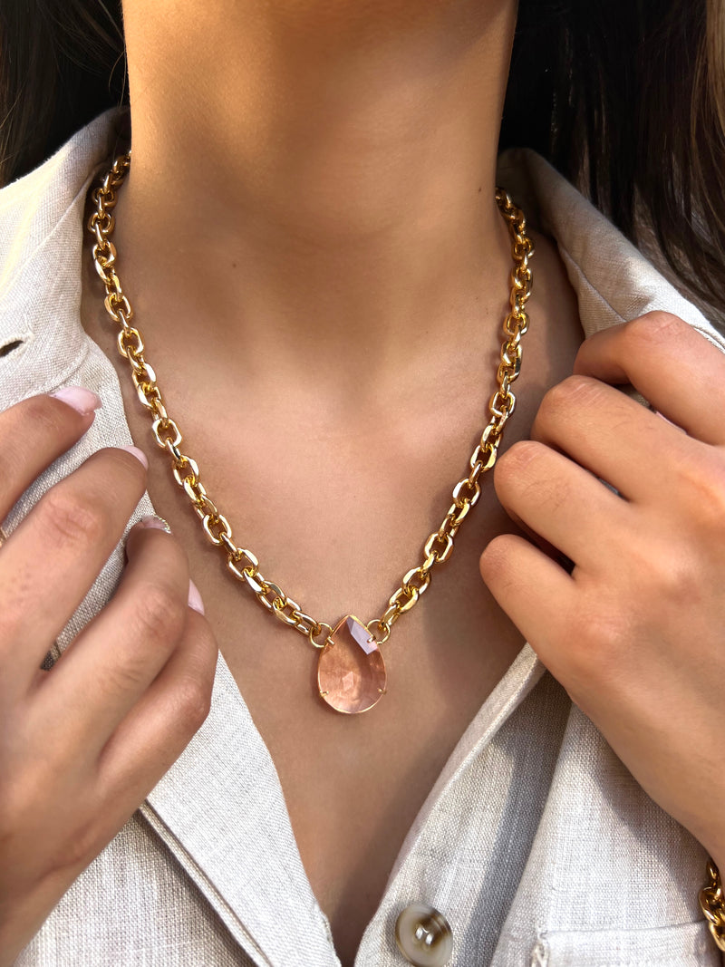 Colar Corrente Oval Leve Gota Acrilíco Cor Morganita 50cm