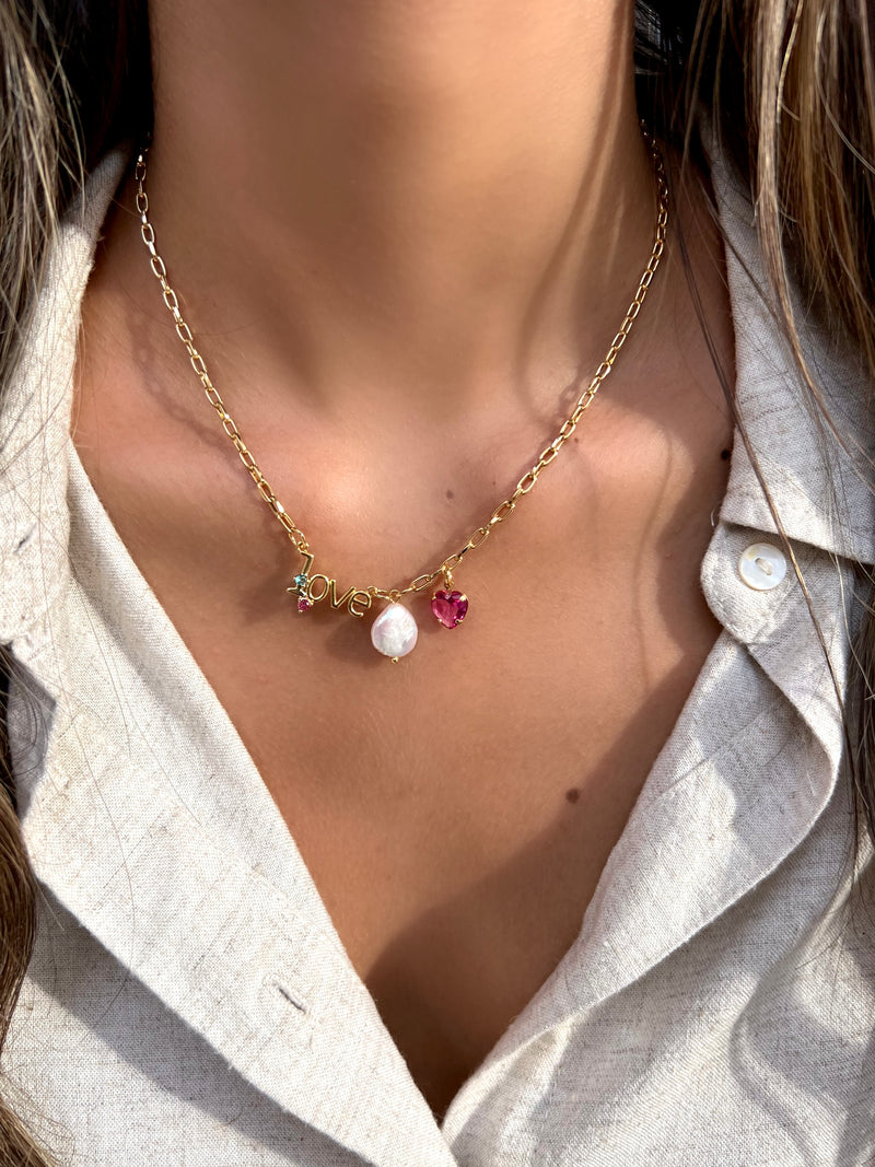 Colar Corrente Palavra Love Com Perola Barroca E Coração 40cm