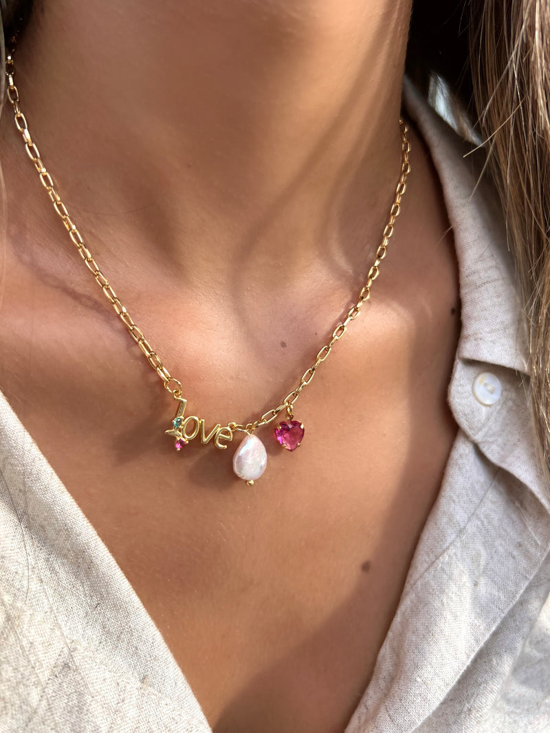 Colar Corrente Palavra Love Com Perola Barroca E Coração 40cm