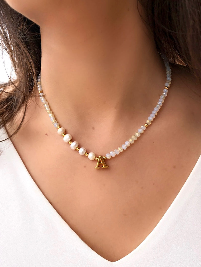 Colar Cristais Com Bolinhas, Mini Pérolas Personalizado Com Letra 42cm