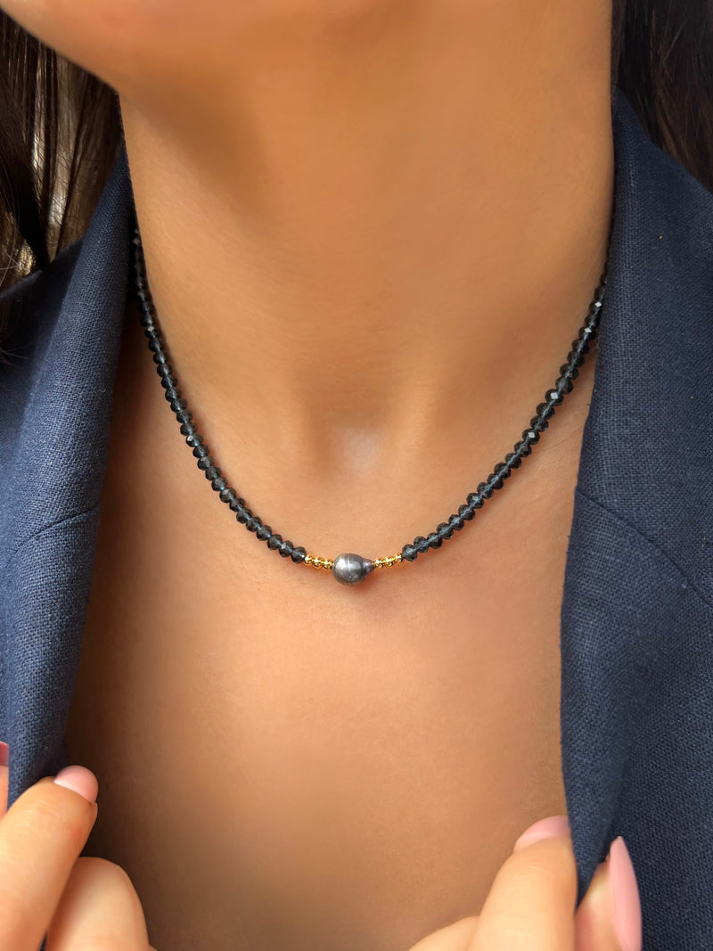 Colar Cristais Cor Montana E Pérola Natural Cinza 40cm