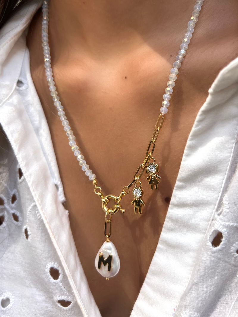 Colar 2 FILHOS Com Inicial Pérola Barroca 50cm