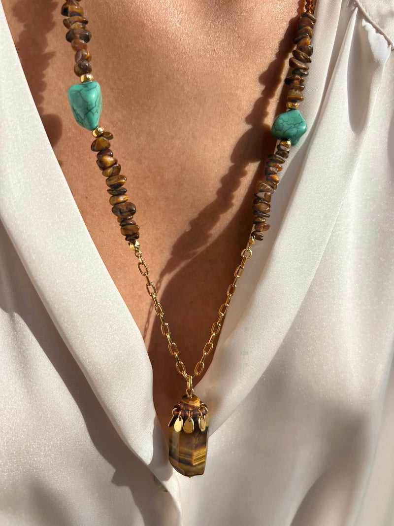 Colar Cristais Marrom E Pedra Olho De Tigre 70cm