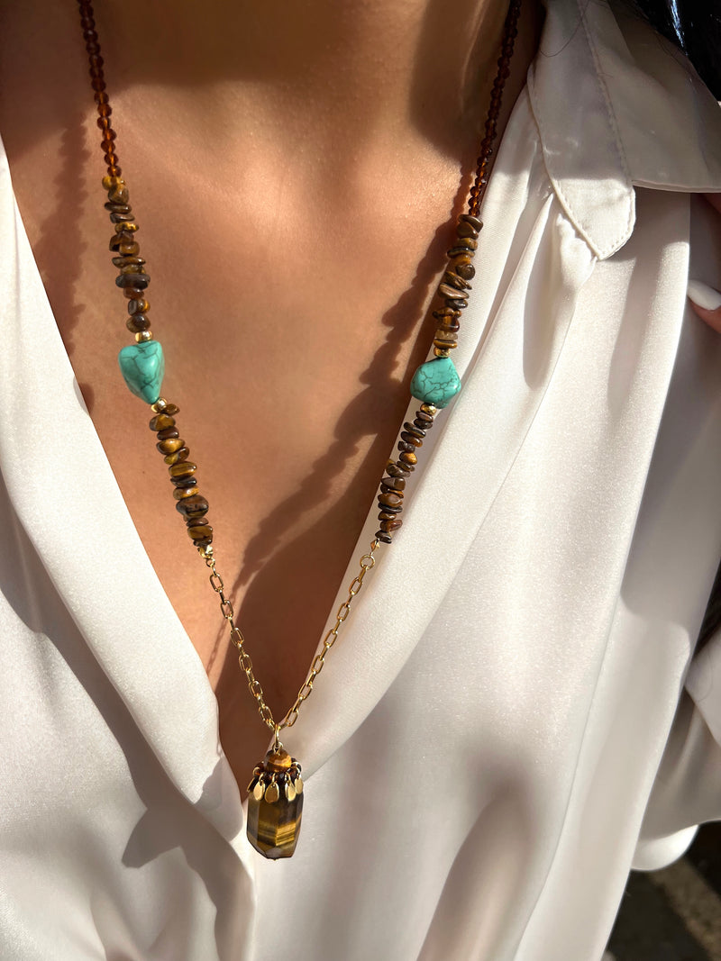 Colar Cristais Marrom E Pedra Olho De Tigre 70cm