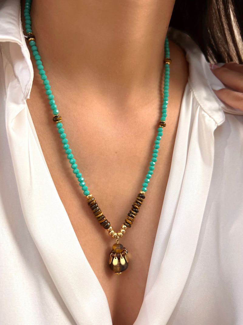 Colar Cristais Turquesa Com Pedra Olho De Tigre 55cm