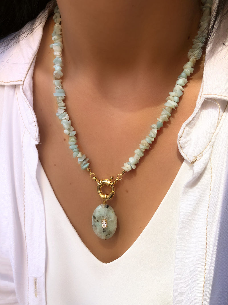 Colar De Cascalho E Pingente Amazonita 50cm
