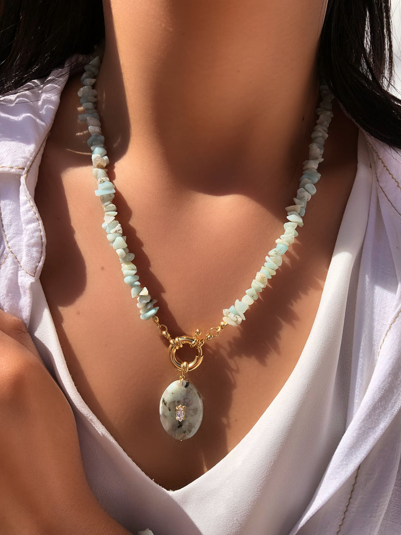 Colar De Cascalho E Pingente Amazonita 50cm