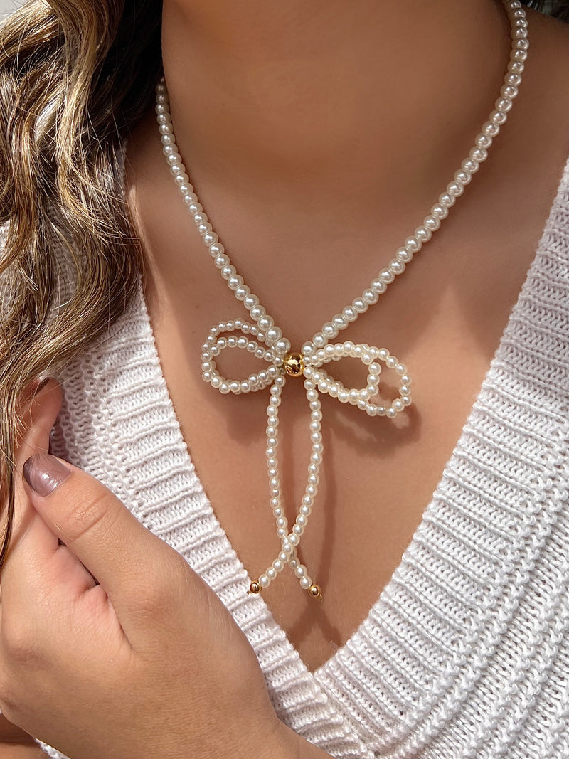 Colar Laço Duplo Pérola 45cm