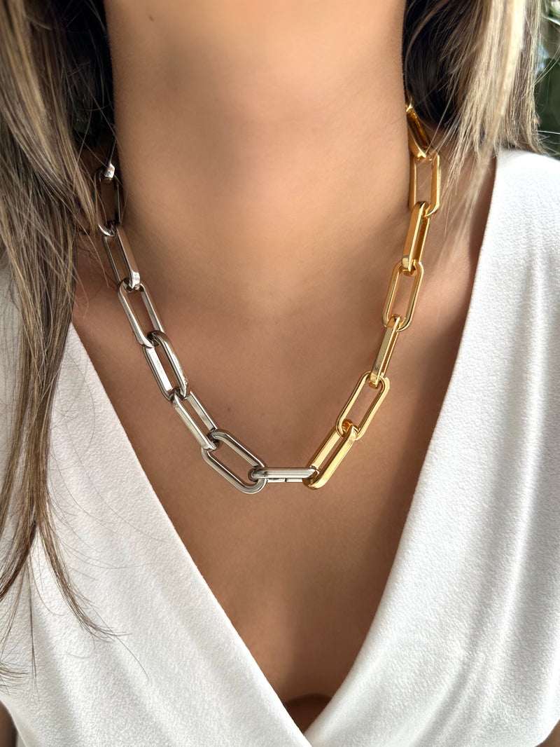 Colar Duo Corrente Elos Ovais GG Ródio Branco E Ouro 42cm