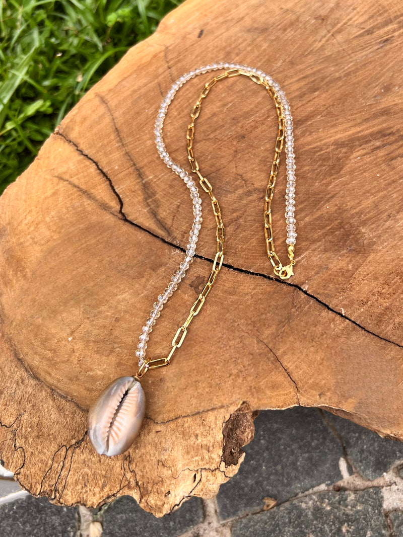 Colar Duplo Corrente E Cristais Lapidados Com Búzio Natural Africano 70cm