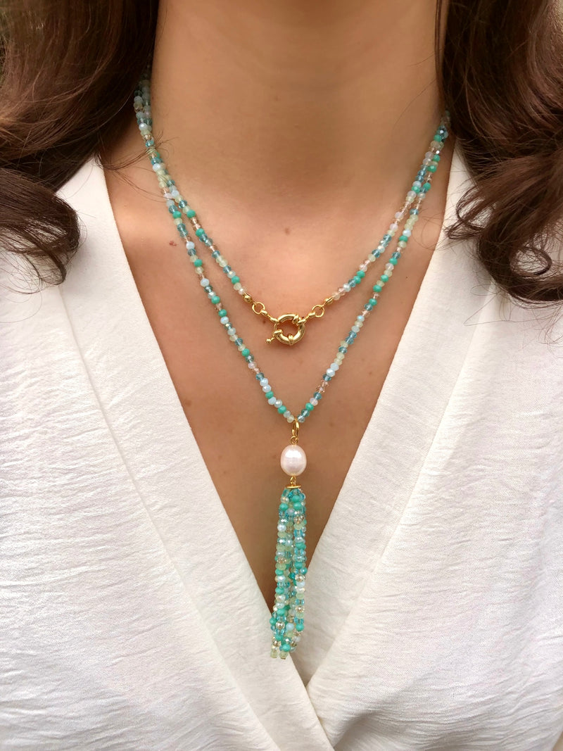 Colar Duplo Cristais Lapidados Tassel Mix Caribe, Fecho Bóia E Pérola Natural 80cm