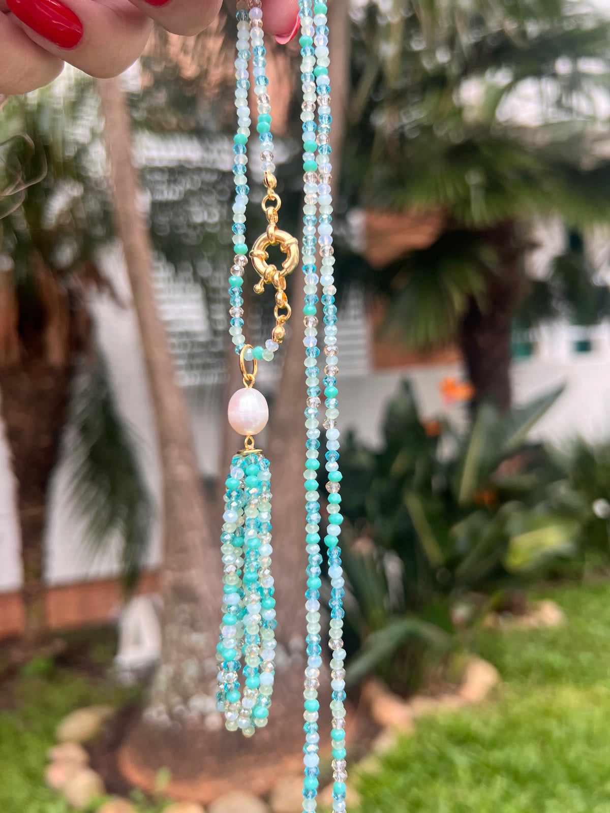 Colar Duplo Cristais Lapidados Tassel Mix Caribe, Fecho Bóia E Pérola Natural 80cm
