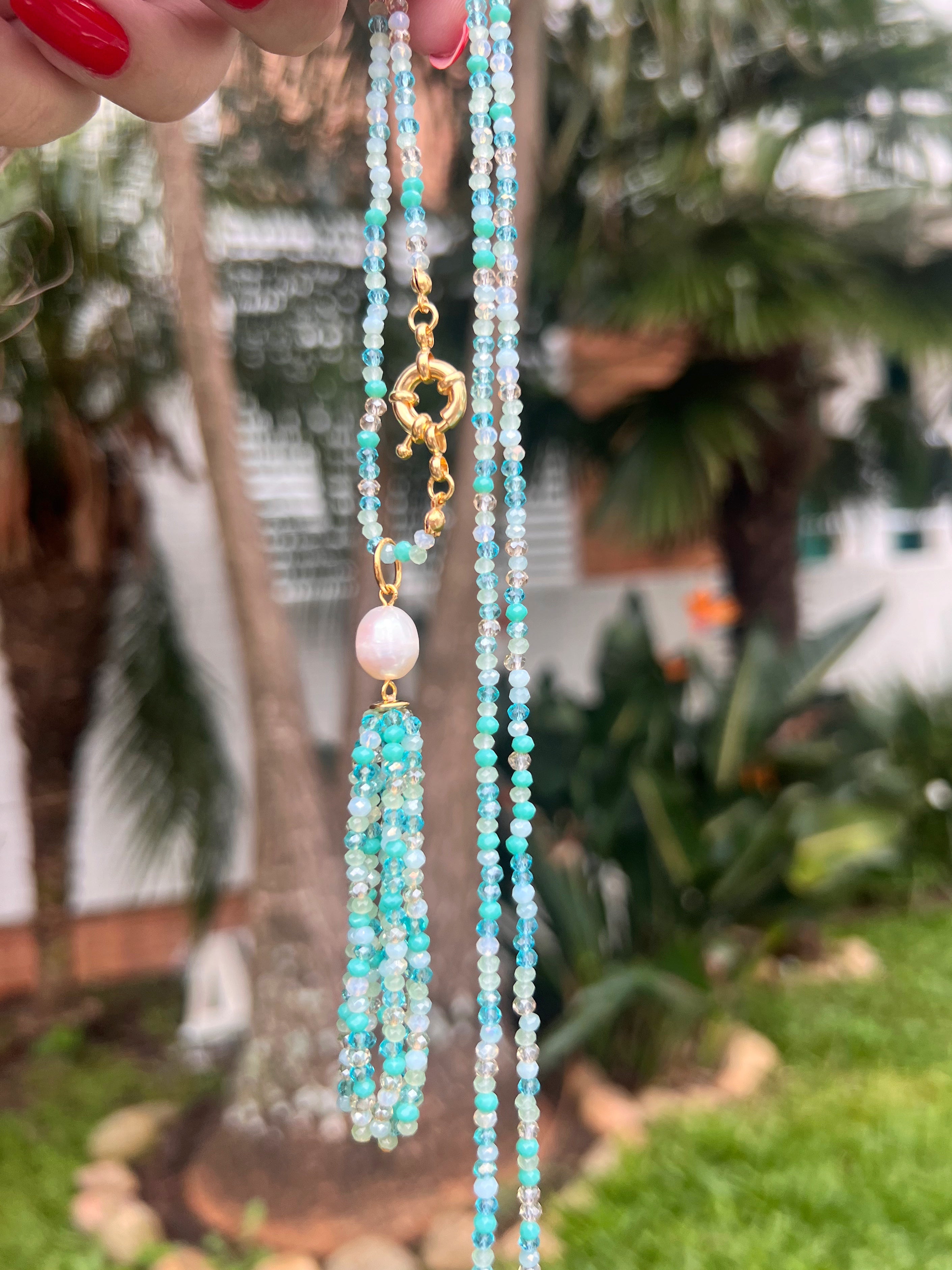 Colar Duplo Cristais Lapidados Tassel Mix Caribe, Fecho Bóia E Pérola Natural 80cm