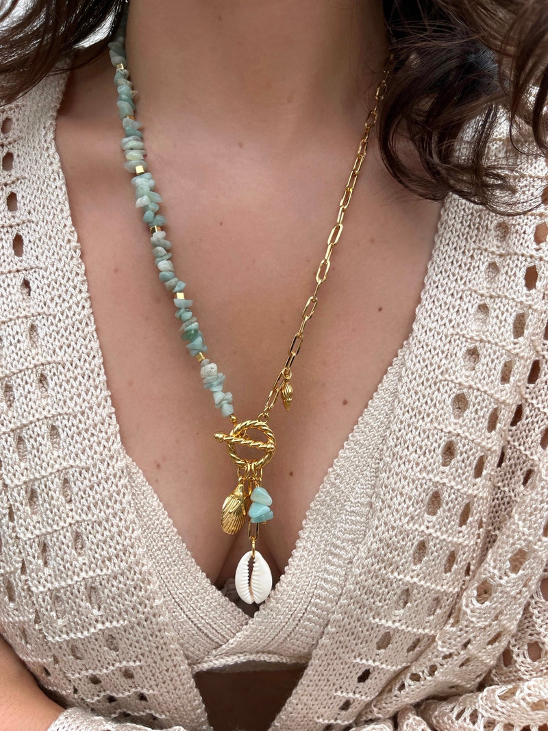 Colar Duplo Elos Fina E Cascalho Amazonita, Concha E Búzio Natural 55cm