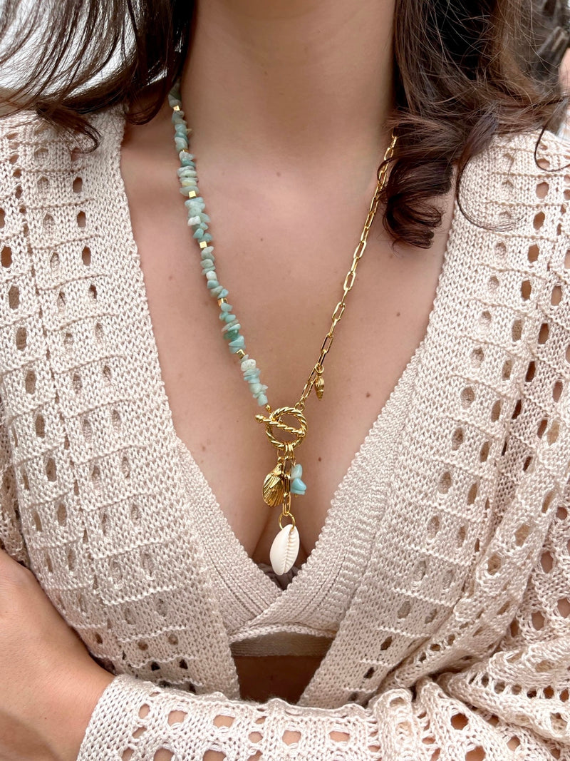 Colar Duplo Elos Fina E Cascalho Amazonita, Concha E Búzio Natural 55cm