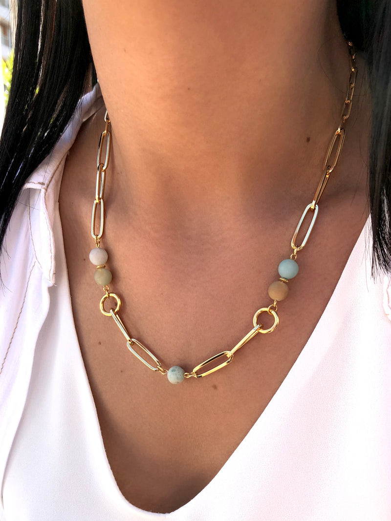 Colar Elos Longos E Pedra Amazonita 45cm