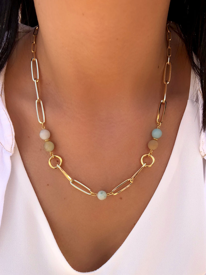 Colar Elos Longos E Pedra Amazonita 45cm