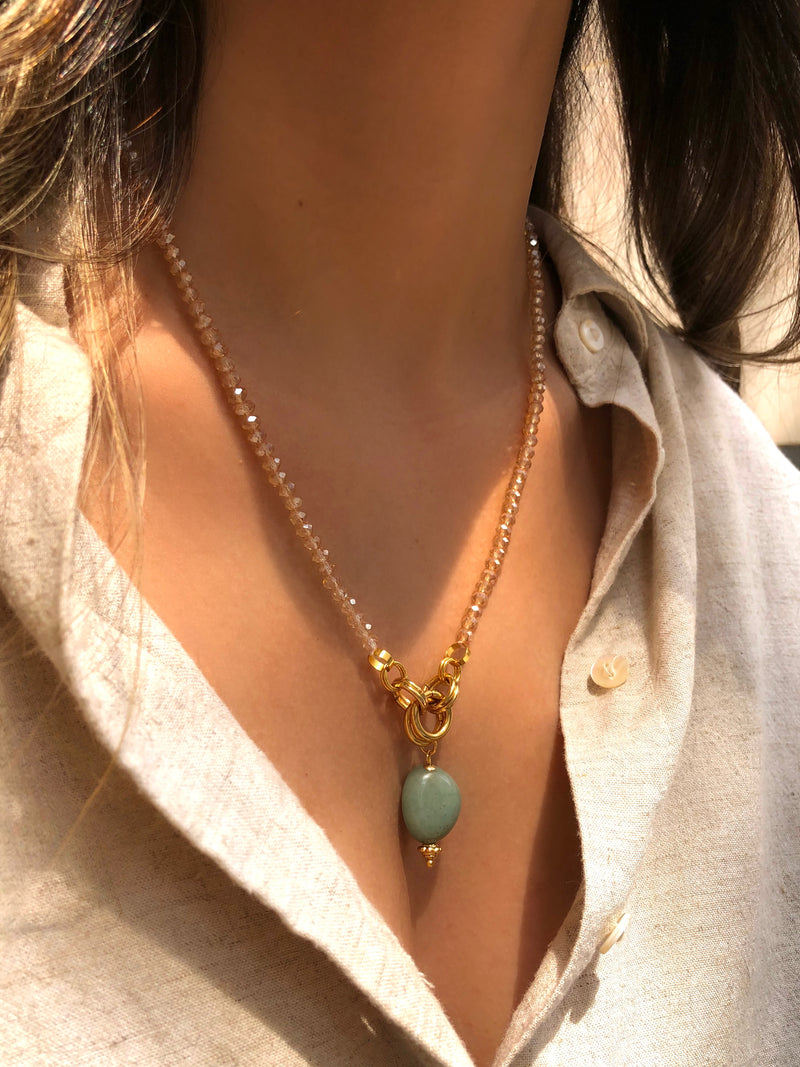 Colar Fernanda Pedra Rolada Quartzo Verde 50cm