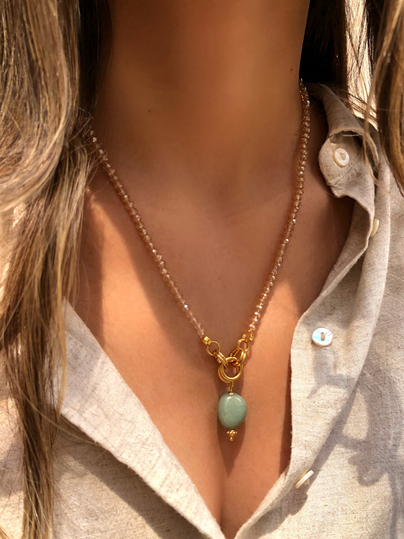 Colar Fernanda Pedra Rolada Quartzo Verde 50cm