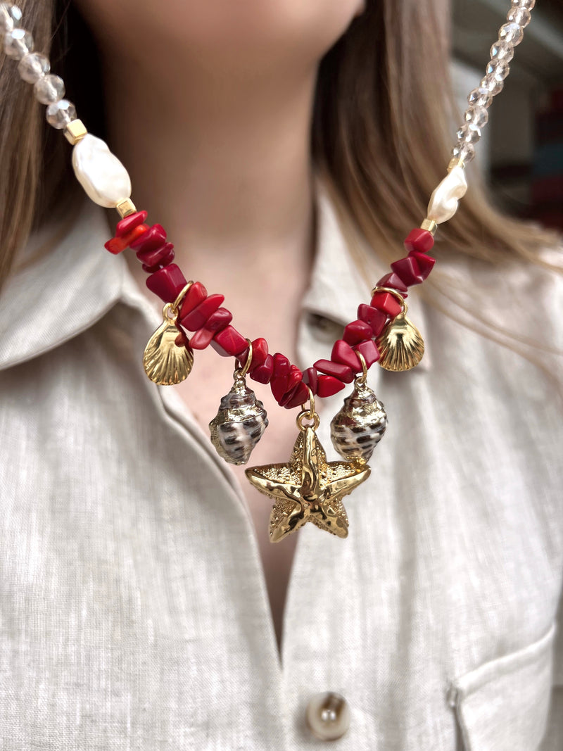 Colar Linha Mar Cascalho Coral E Estrela 45cm