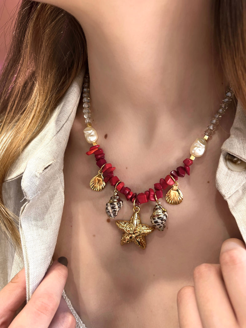 Colar Linha Mar Cascalho Coral E Estrela 45cm