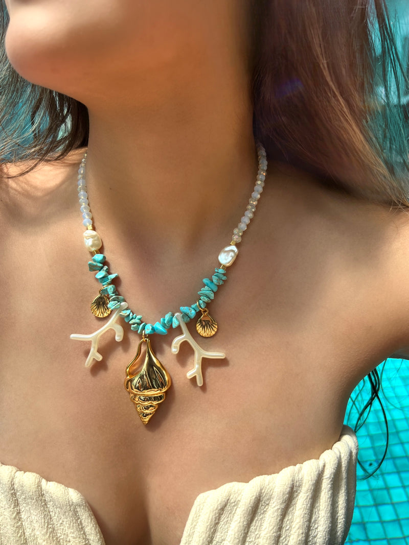 Colar Linha Mar Cascalho Turquesa Coral E Caramujo 45cm