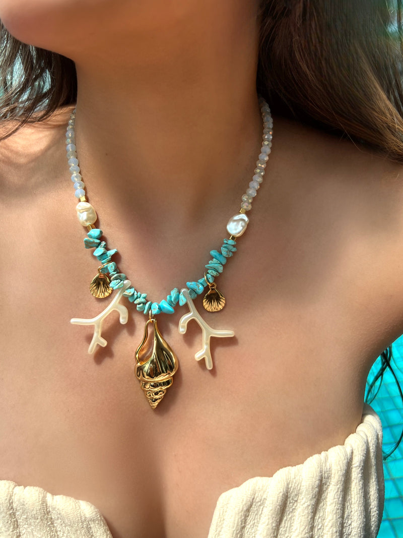 Colar Linha Mar Cascalho Turquesa Coral E Caramujo 45cm