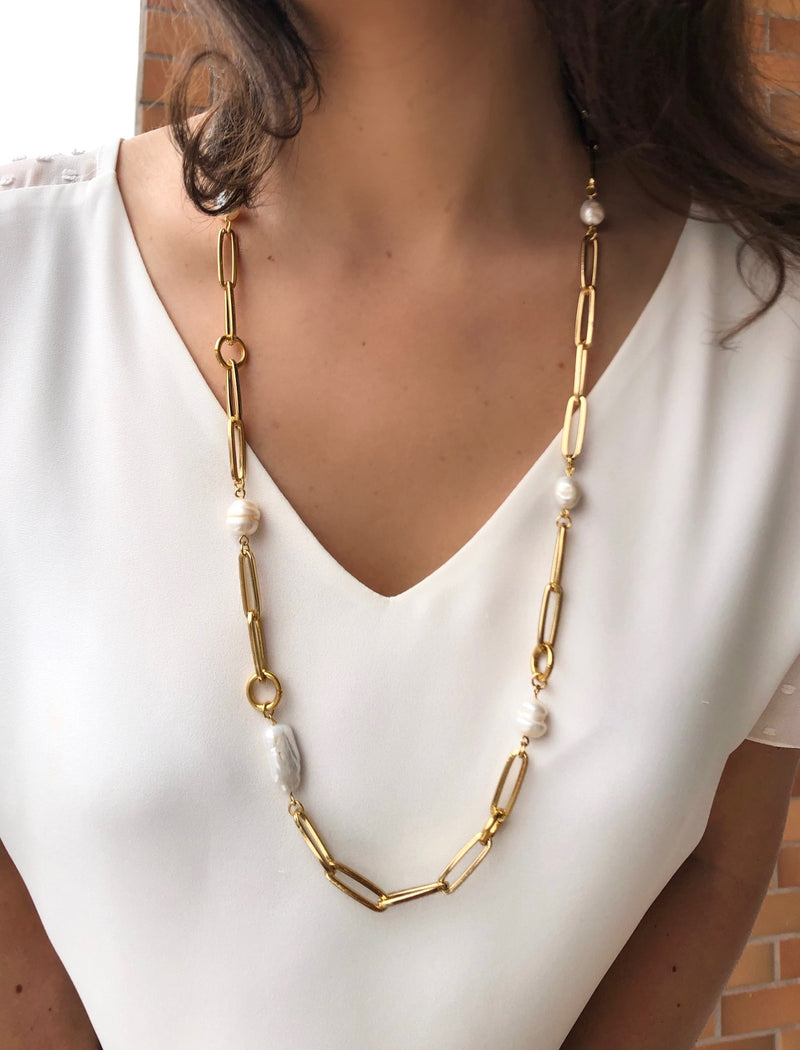 Colar Longo Elos Com Pérolas De Água Doce 80cm