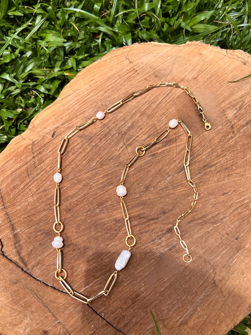 Colar Longo Elos Com Pérolas De Água Doce 80cm