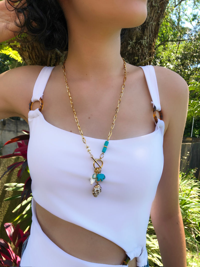 Colar Maite Corrente, Elefante Turquesa, Mão De Fátima E Concha 55cm