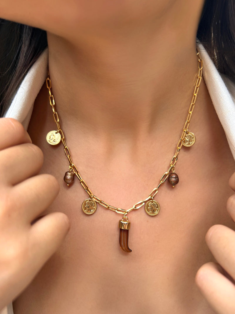 Colar Com Pingentes E Dente Marrom 45cm