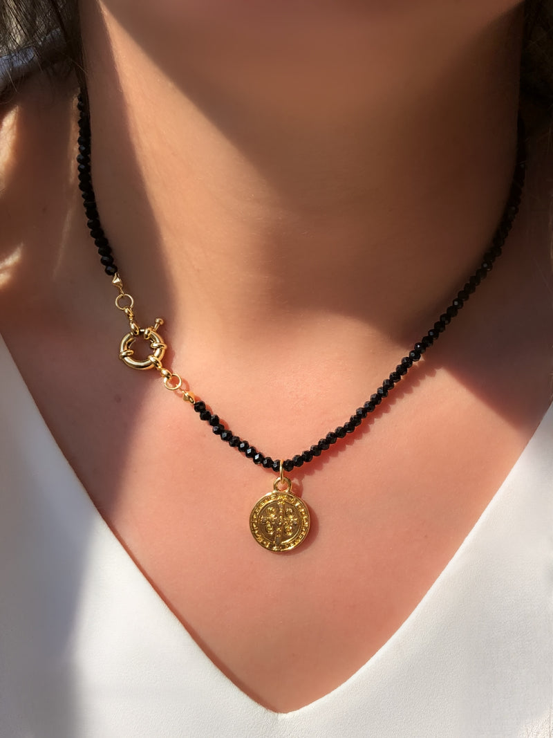 Colar Medalha São Bento Cristais Ônix 45cm