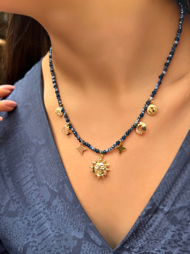 Colar Mix Tons Azuis Pingentes Céu 45cm