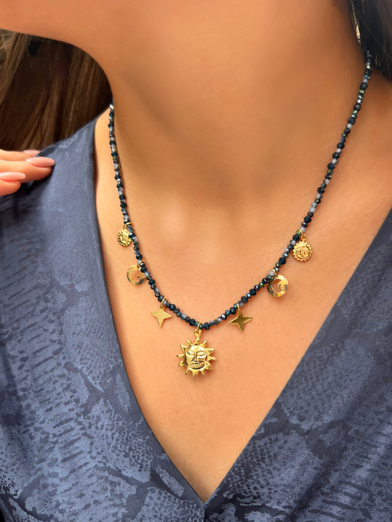 Colar Mix Tons Azuis Pingentes Céu 45cm